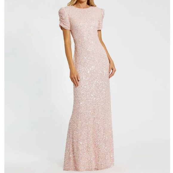 Mac Duggal 24003 Size 6 Pink Pearl Gathered Short Sleeve Long Maxi Gown Dress - Picture 2 of 6